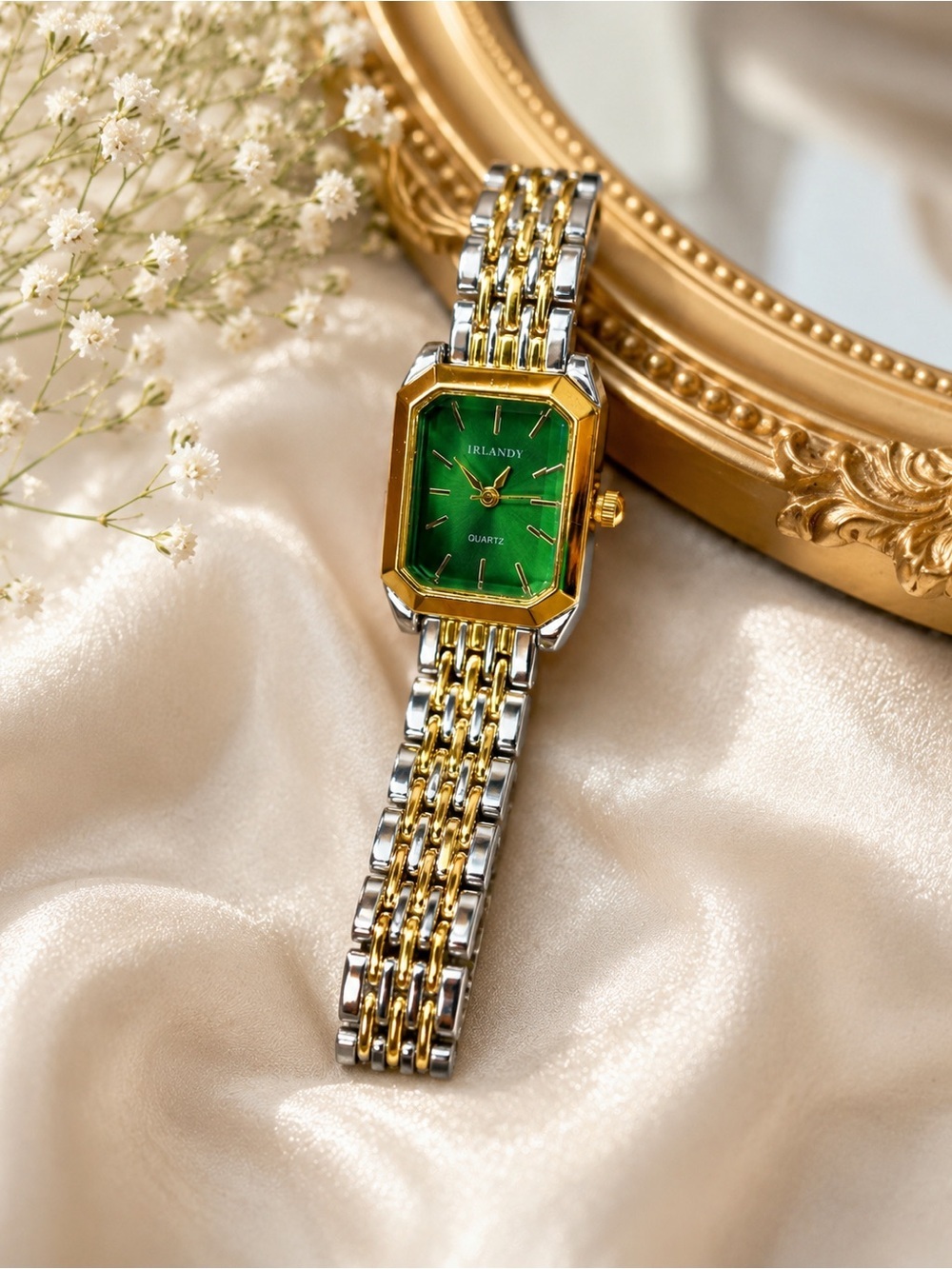 Vintage Two-Tone Green Dial Quartz Watch Gold Silver Bracelet - Picture 3 of 5